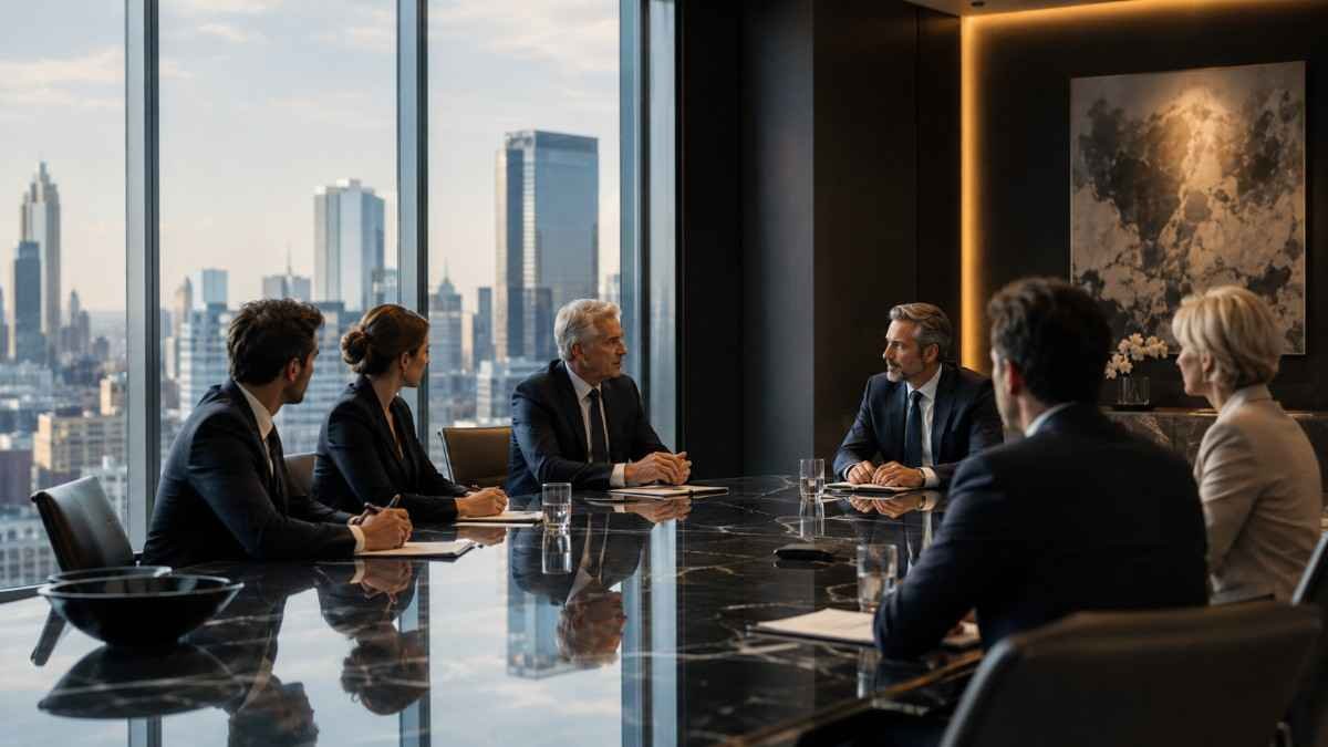 Family office executives in a premium boardroom meeting with a city skyline view