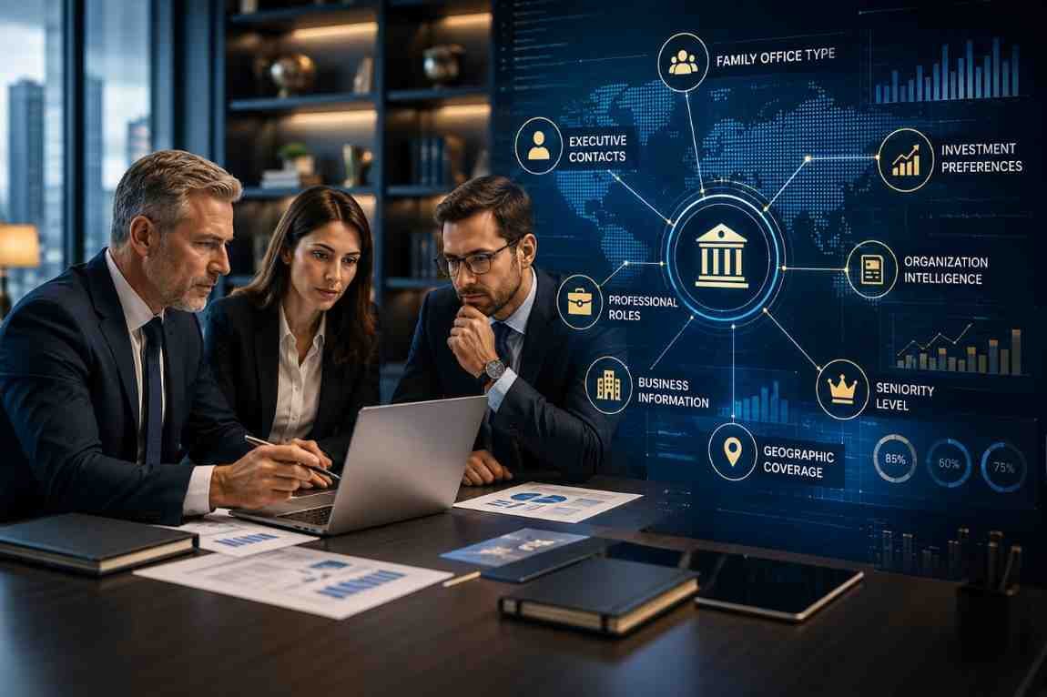 Family office professionals reviewing executive contacts, organization intelligence, geographic coverage and investment-related business data