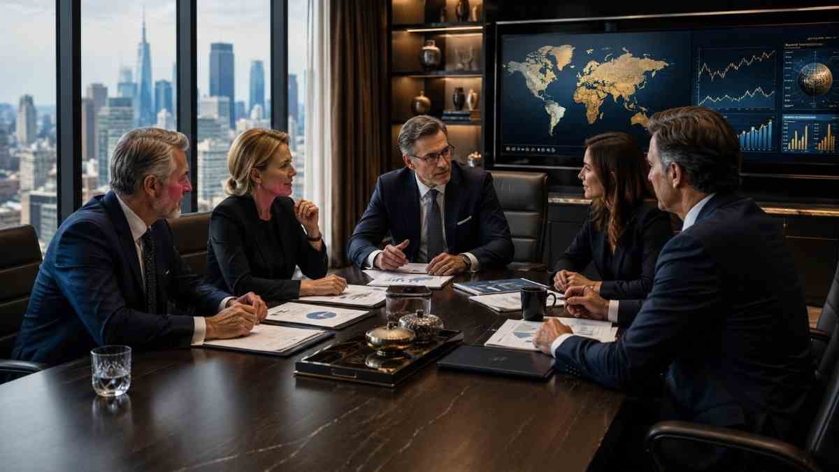 Family Office professionals discussing investment opportunities, business relationships and global market strategy in a premium executive boardroom