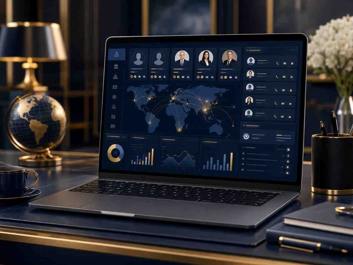 Family office contact intelligence dashboard with executive profiles, global coverage map and business analytics