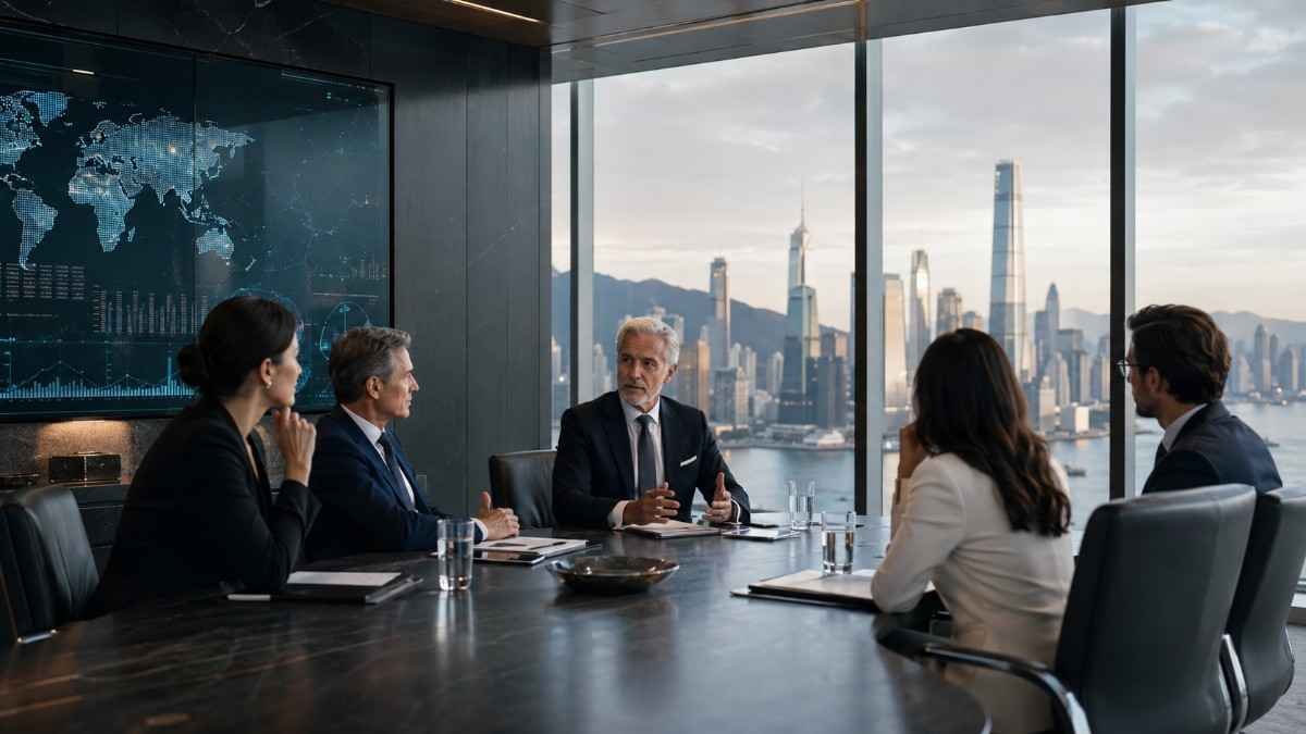 Family office executives discussing global markets in a high-rise boardroom with a world map dashboard