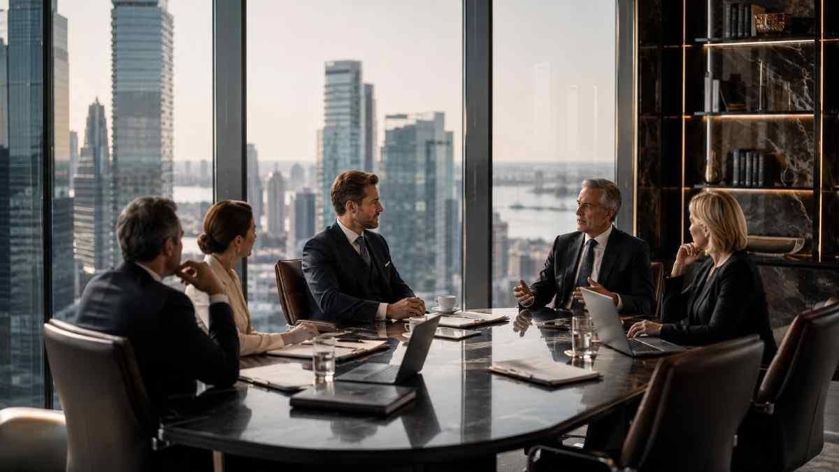 Family office executives and investment professionals meeting in a premium high-rise boardroom