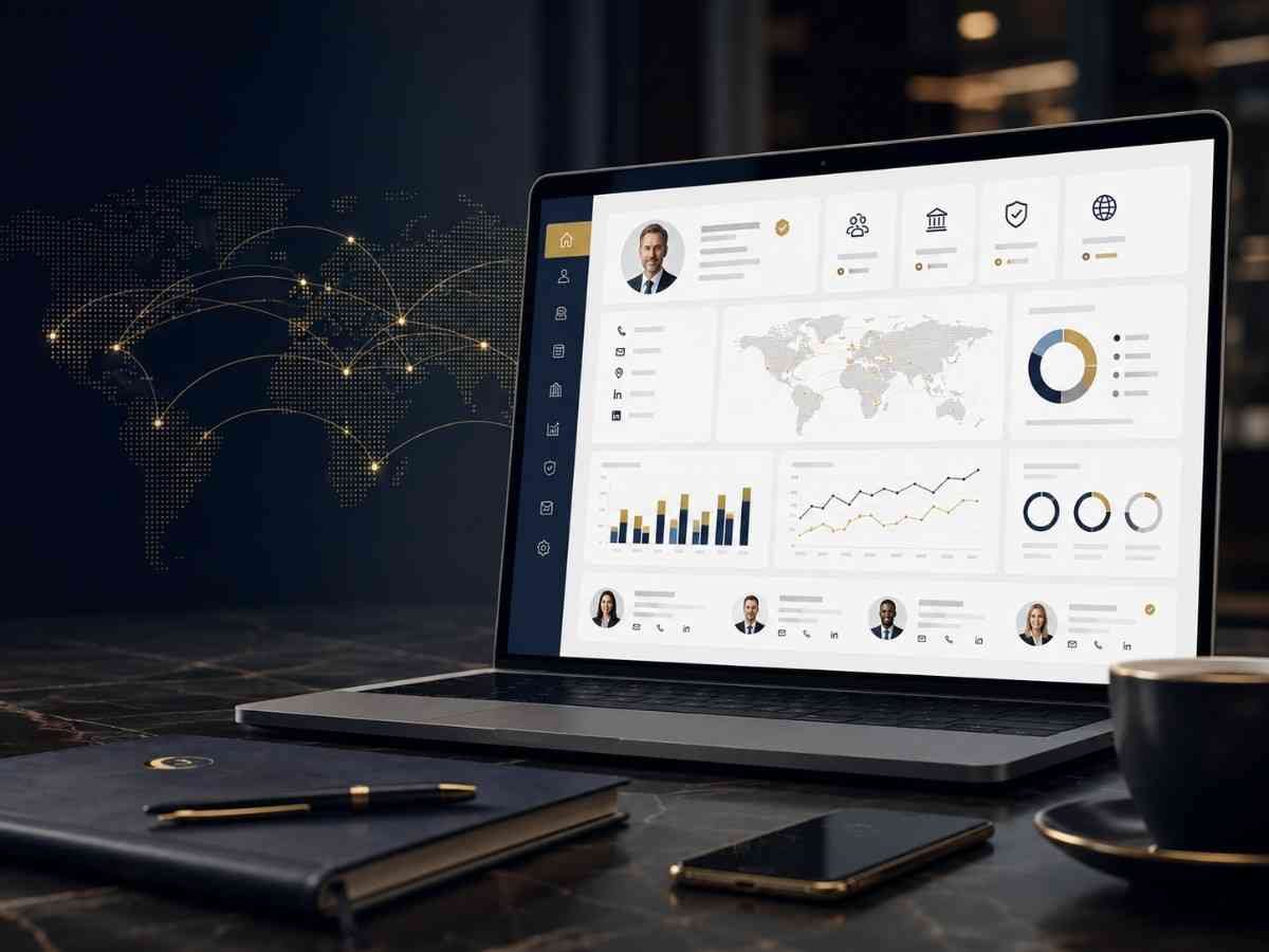 Family office data dashboard with global contact intelligence, executive profiles and analytics