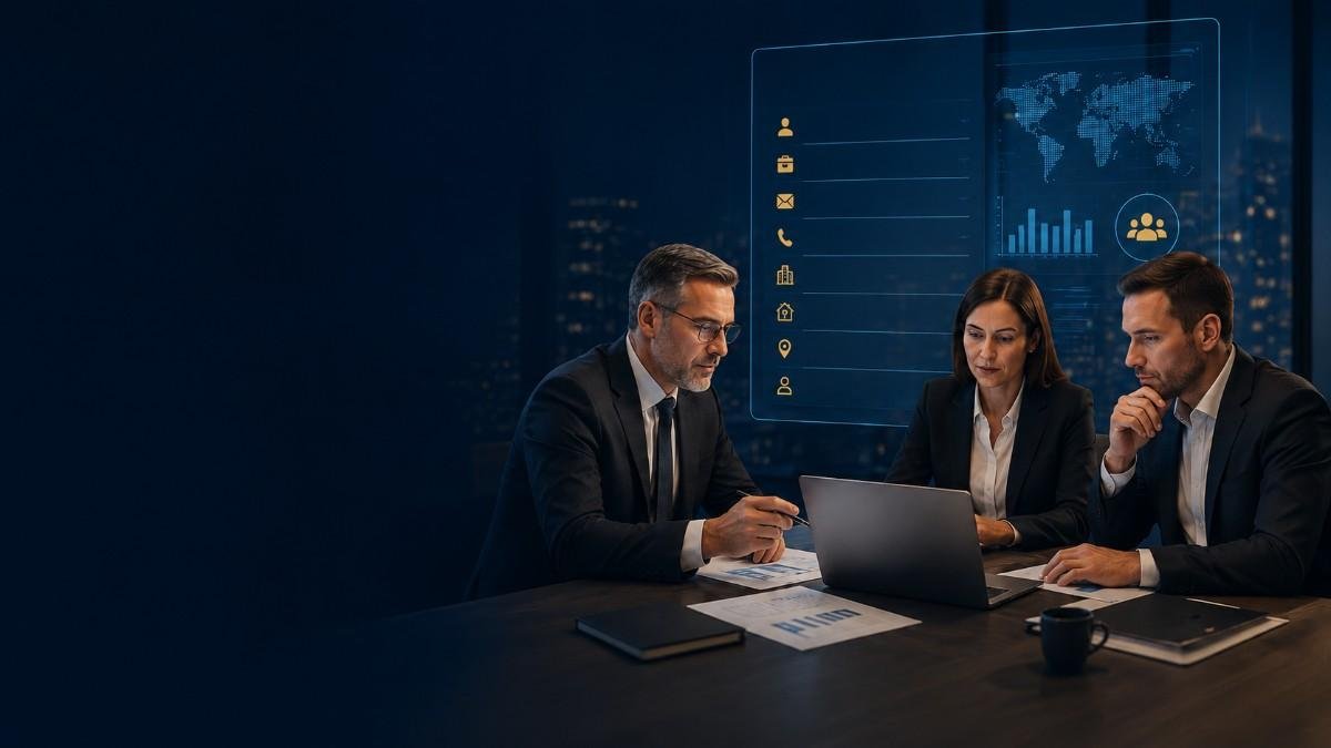 Family office professionals reviewing executive contact data, business information and global market intelligence in a modern office