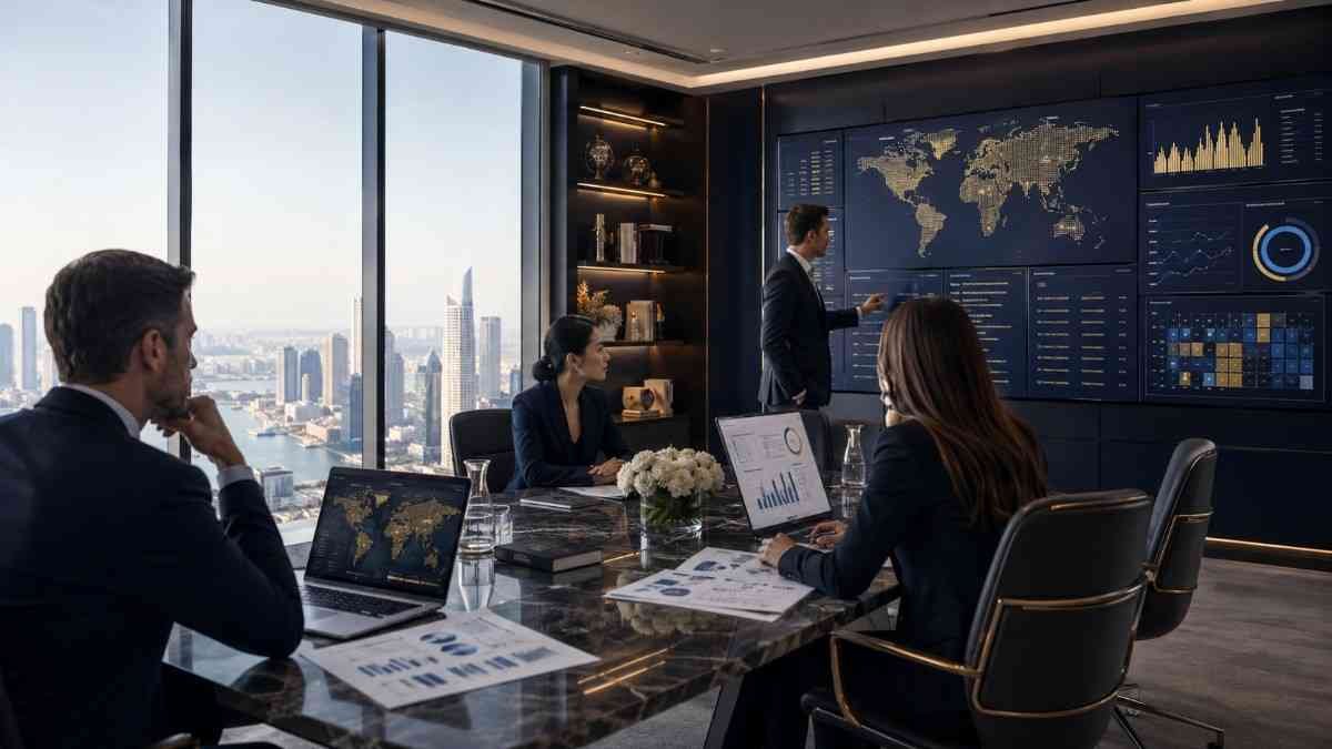Family office research professionals reviewing global market data, executive information and data methodology in a modern boardroom