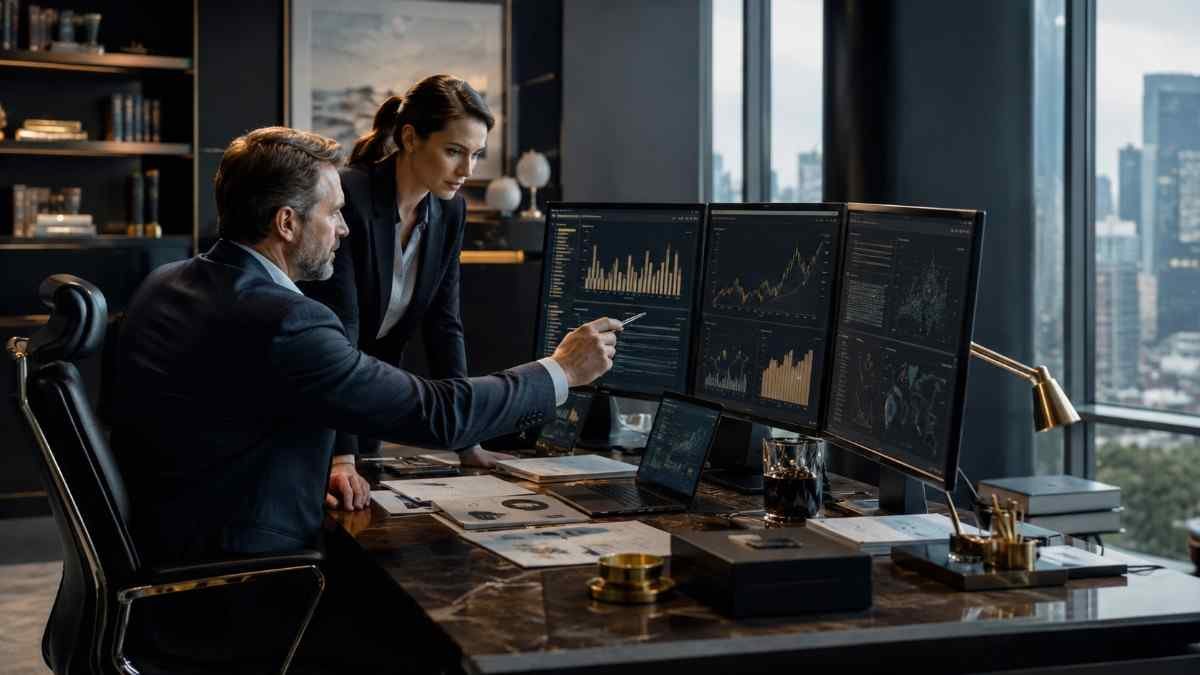 Family office professionals reviewing financial data, research dashboards and executive intelligence in a modern office