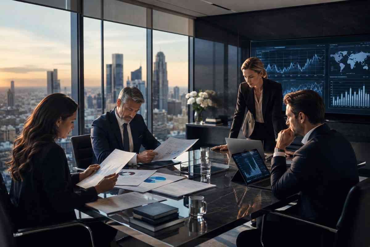 Family office professionals reviewing research reports, market data and business intelligence in a modern office