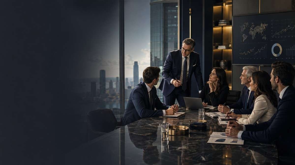 Family office executives and business development professionals discussing strategy in a premium high-rise boardroom