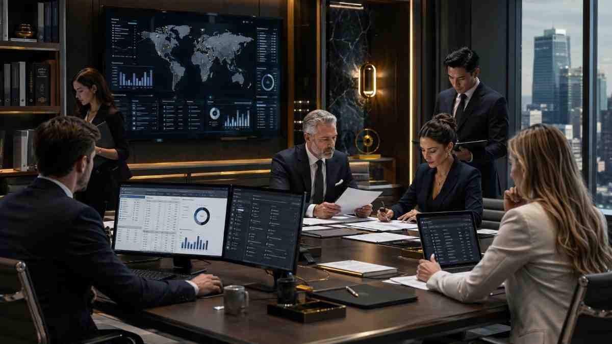 Family office research team reviewing professional data, validation dashboards and quality control reports in a modern office