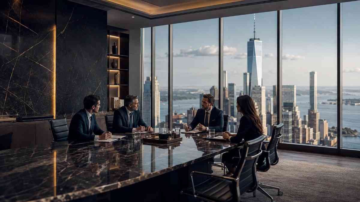 Family office executives meeting in a premium boardroom overlooking a major financial district