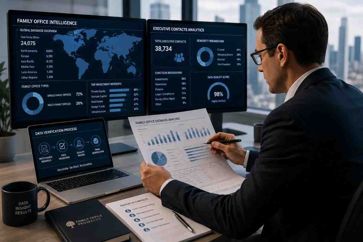 Family office data analyst reviewing executive contacts, market intelligence and data verification dashboards