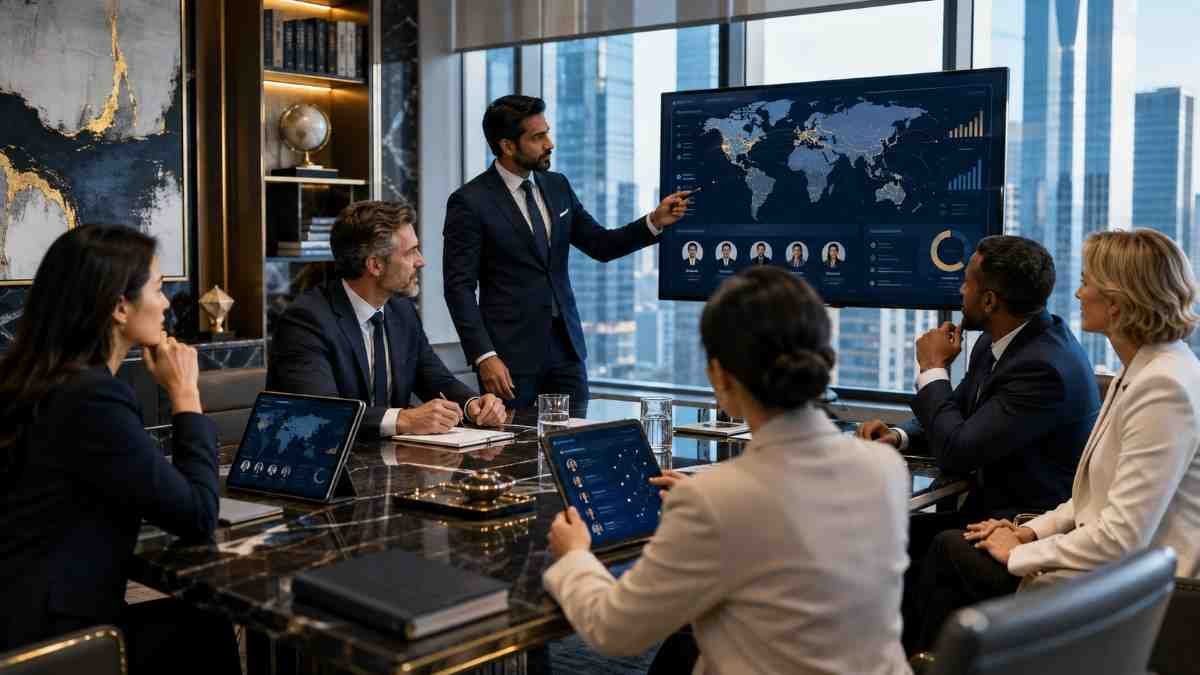 Family office executives reviewing global contact data, professional profiles and targeted business intelligence in a modern boardroom