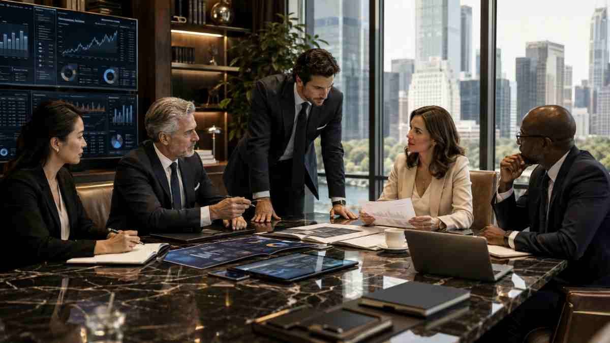 Family Office executives, investment professionals and senior decision-makers reviewing portfolio data and business strategy in a modern office