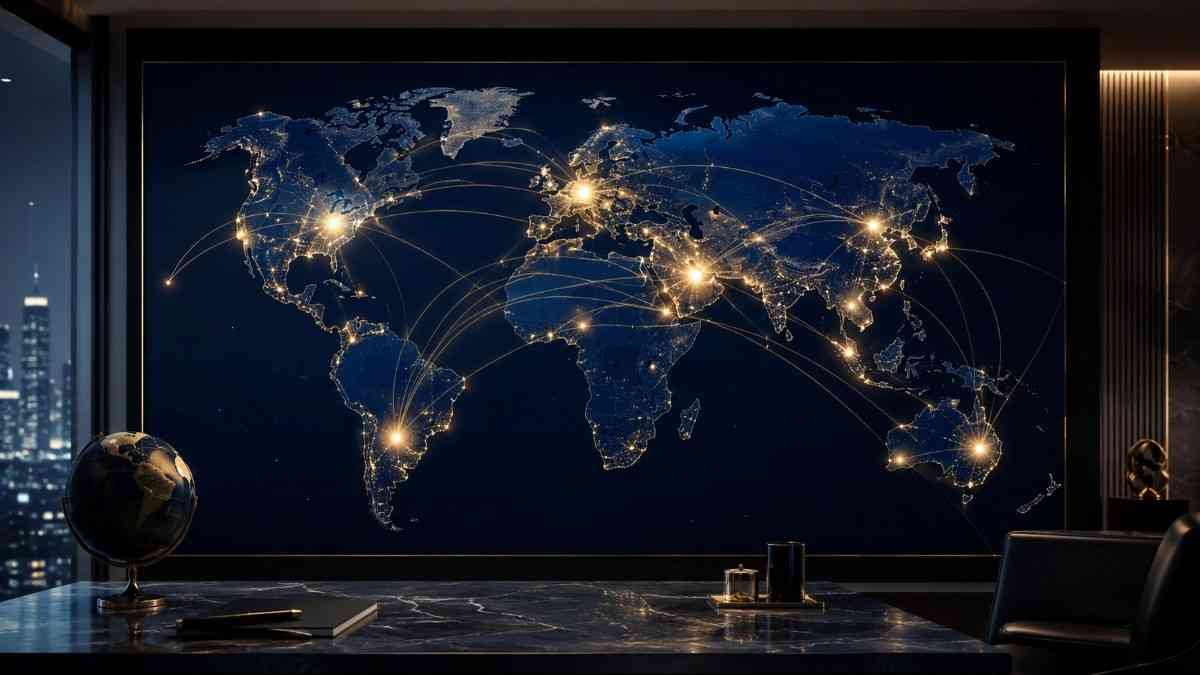 Global world map with connected financial hubs representing worldwide Family Office coverage and business intelligence