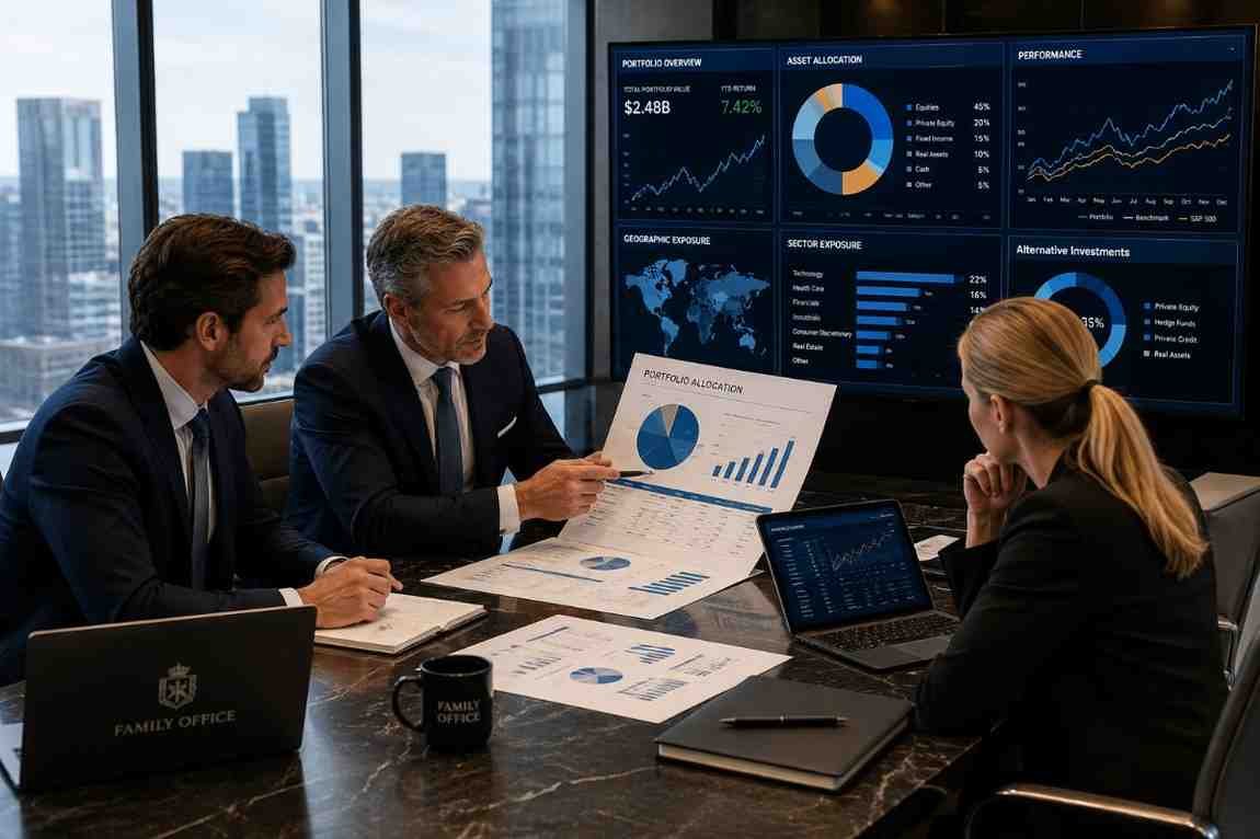 Family office investment professionals reviewing portfolio allocation, performance and investment strategy in a modern office