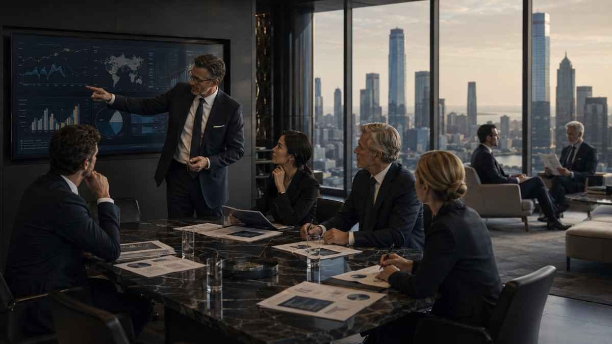 Family office investment professionals reviewing private market opportunities and fundraising strategy in a modern boardroom