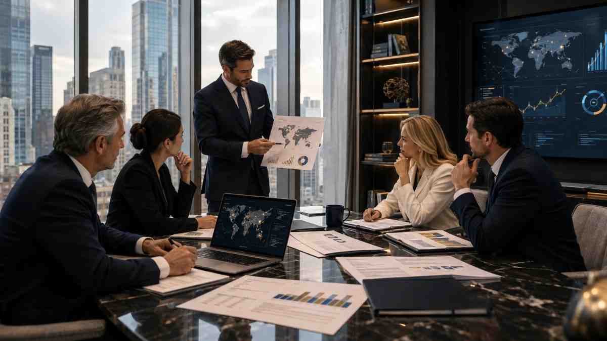 Family office professionals reviewing global outreach strategy, market data and business development opportunities in a modern boardroom