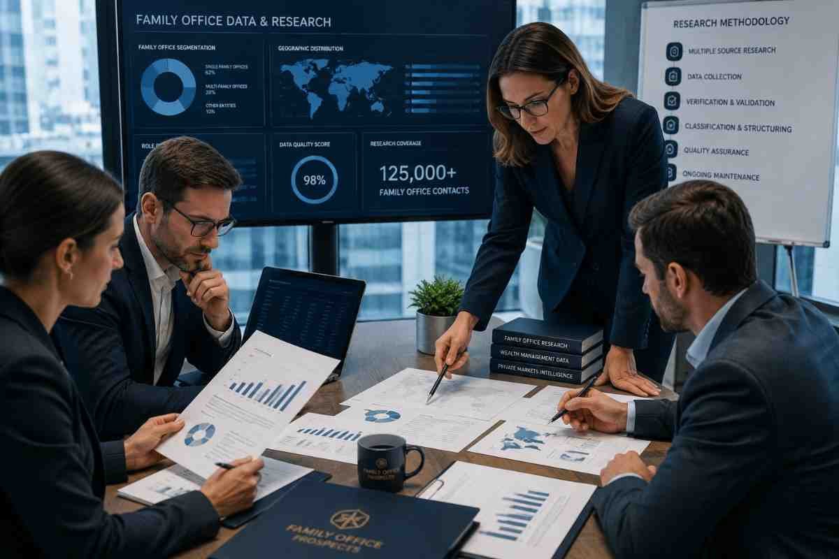Family office research professionals reviewing data quality, methodology and market intelligence in a modern office