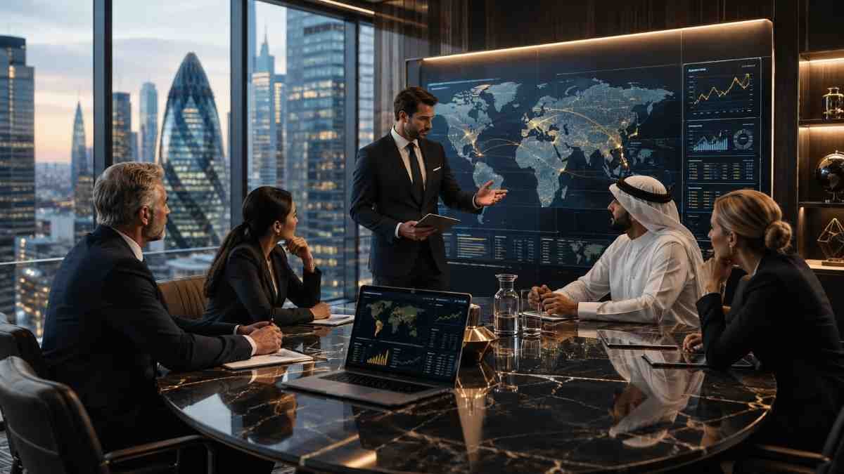 Family office professionals reviewing global market intelligence and international wealth data on a world map dashboard