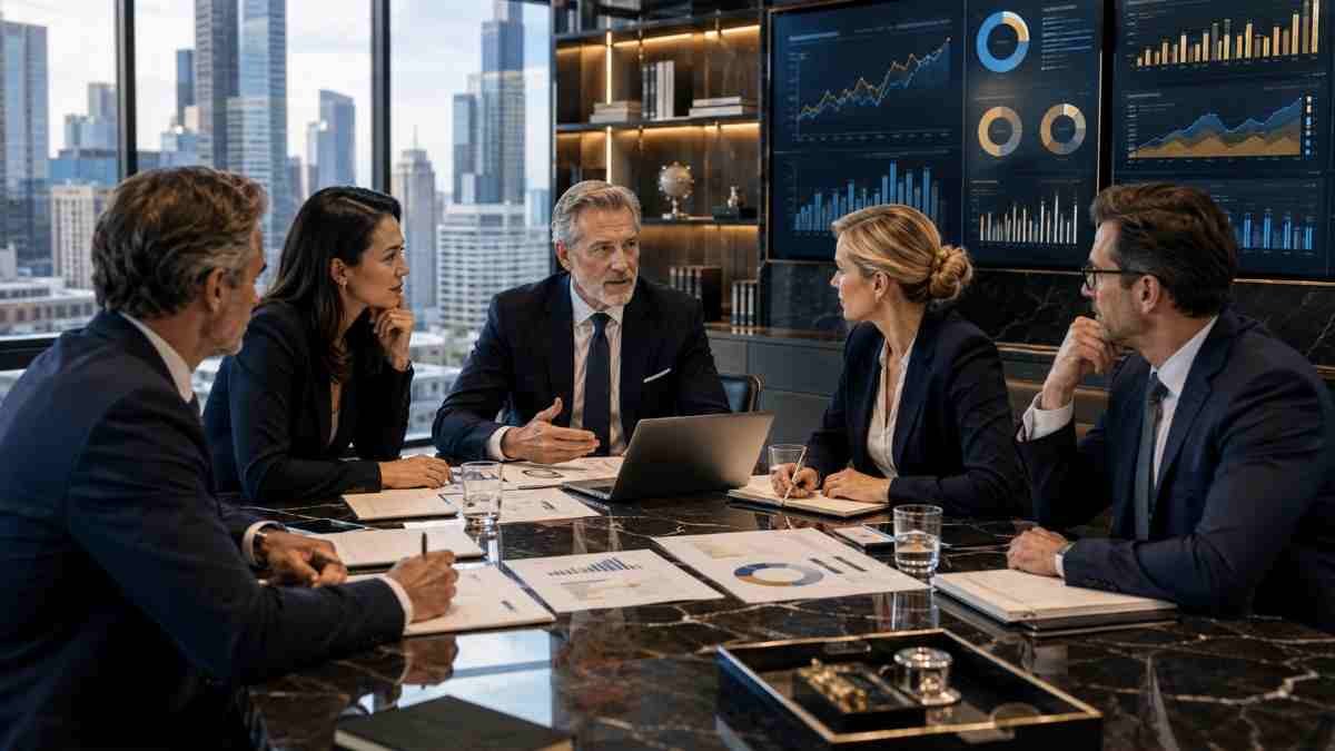 Multi-Family Office executives and advisory professionals reviewing client portfolios, investment allocations and wealth strategy in a modern office