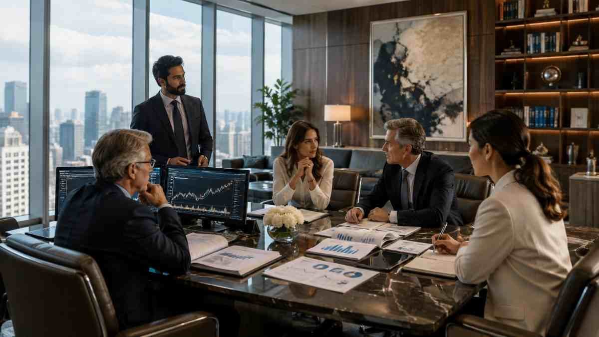 Multi-Family Office investment and wealth-management professionals reviewing global markets, portfolio allocations and client strategy in a modern advisory office