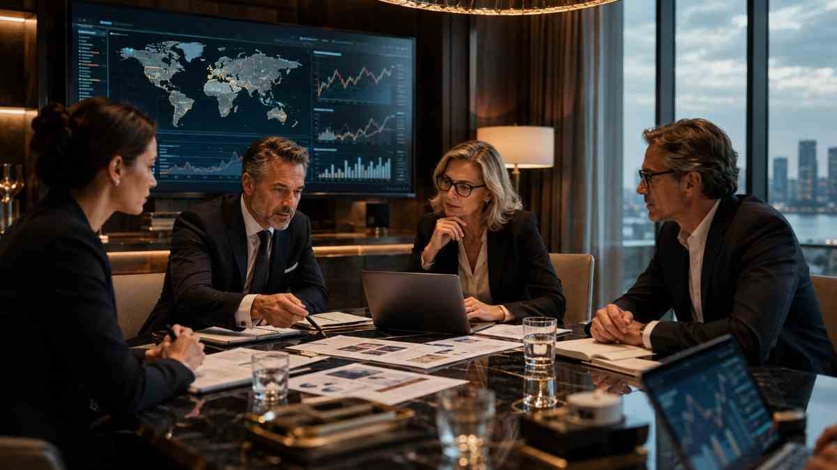 Single Family Office investment professionals reviewing global markets, portfolio strategy and business development opportunities in a private executive office