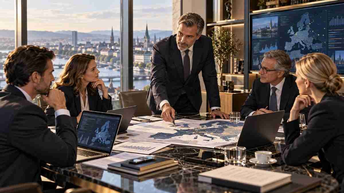 Senior European Family Office executives and investment professionals reviewing cross-border markets, portfolio allocations and investment opportunities in a premium Continental European office