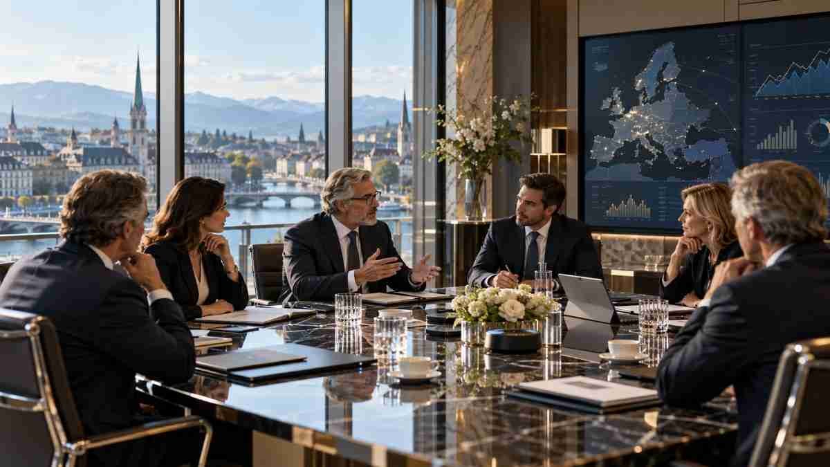 Senior European Family Office professionals reviewing cross-border investment opportunities, regional markets and portfolio analytics in a premium Continental European conference room