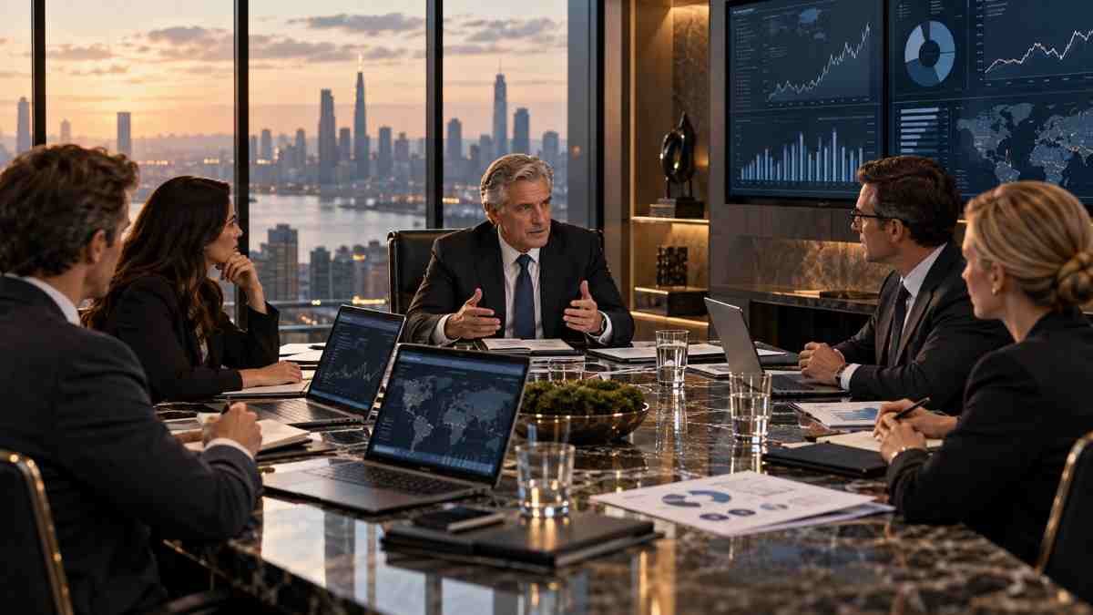 Senior Family Office Chief Investment Officer leading an investment strategy meeting with portfolio analytics, asset allocation data and senior investment professionals