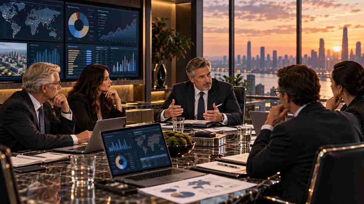 Senior Family Office investment professionals reviewing portfolio allocation, private markets, manager research and investment opportunities in a premium financial office