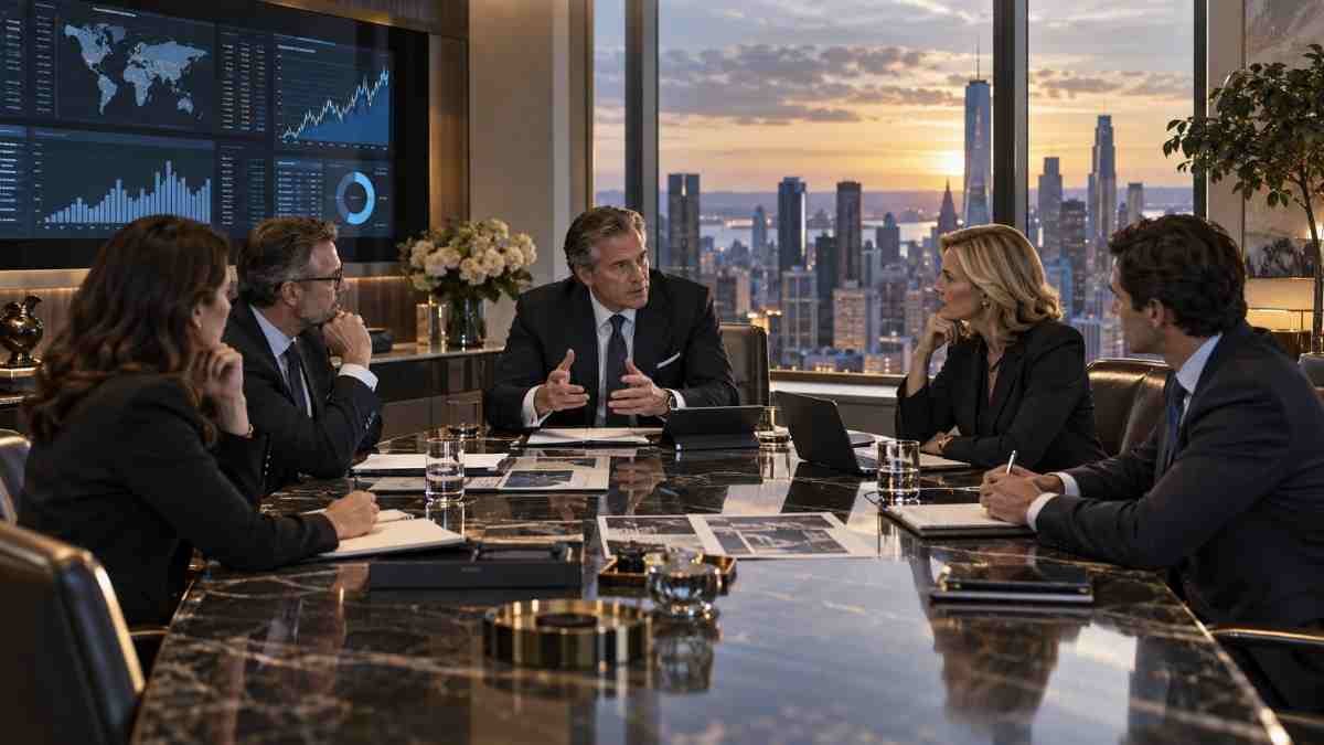 Family Office executive leadership team discussing investment strategy, finance, operations and strategic decision-making in a premium boardroom