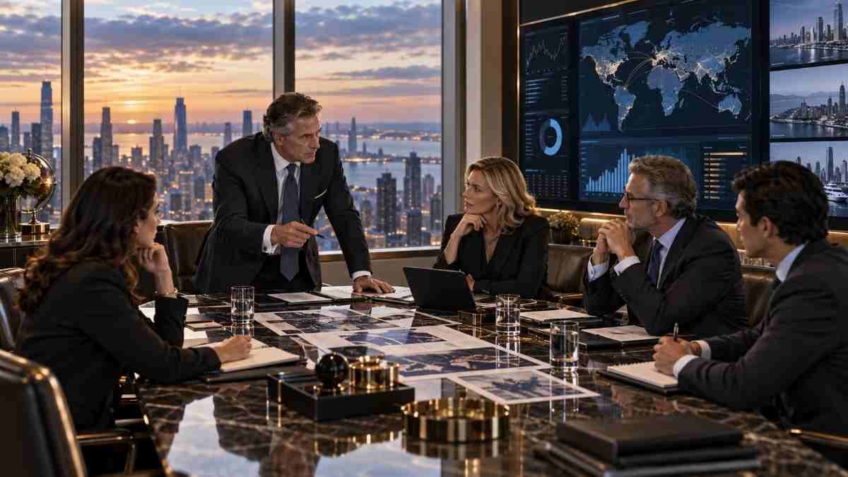Family Office executives discussing investment strategy, professional services and strategic business opportunities in a premium boardroom with global market data
