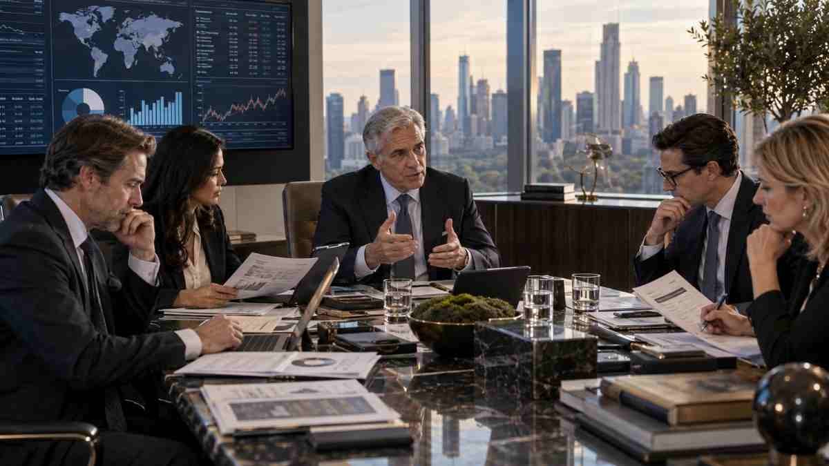 Family Office investment professionals reviewing asset allocation, portfolio strategy and investment opportunities in a premium executive boardroom