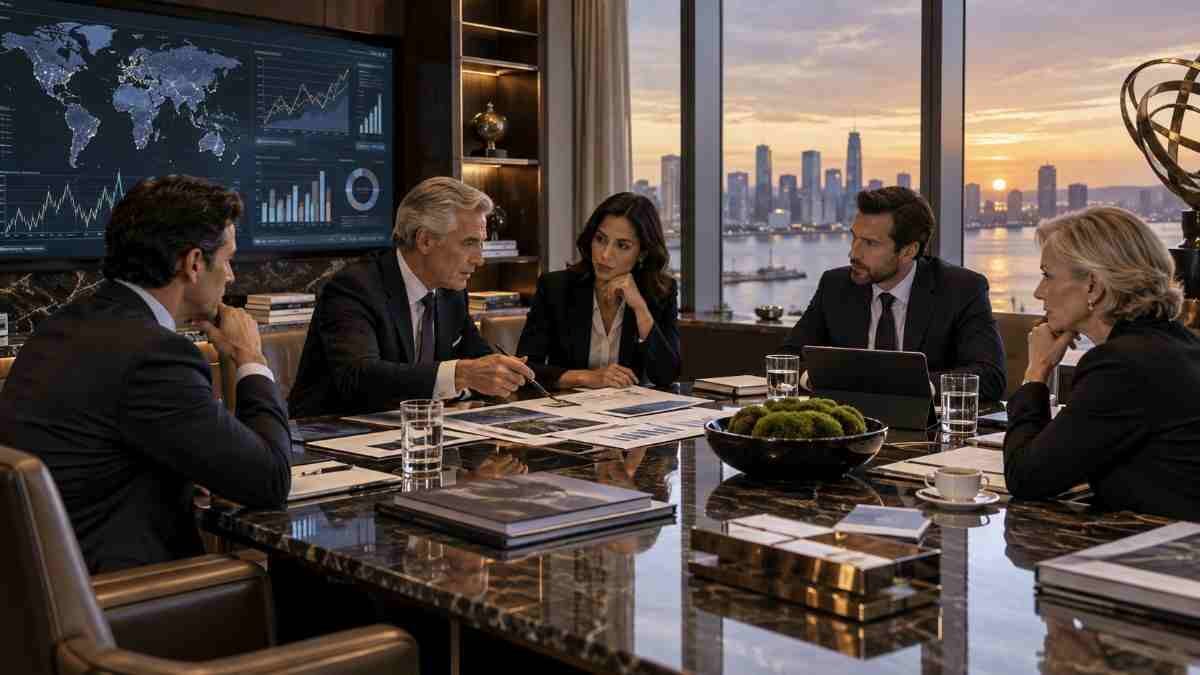 Senior Family Office investment professionals reviewing private-market opportunities, portfolio allocations and global investment themes in a premium conference room