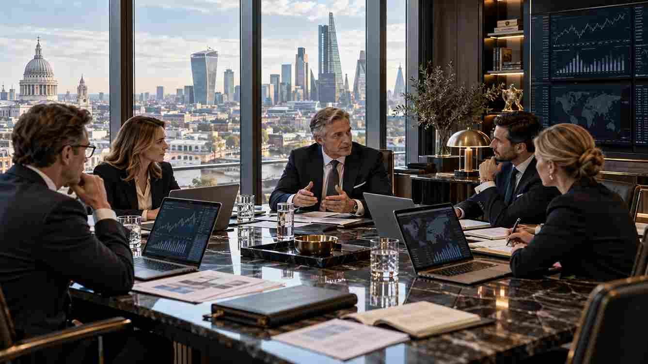 Senior UK Family Office executives and investment professionals reviewing portfolio strategy, market data and investment opportunities in a premium London financial office