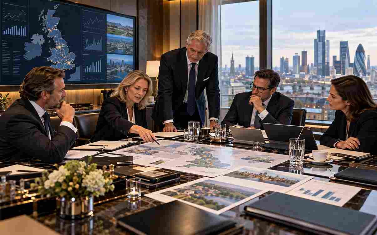 Senior UK Family Office professionals reviewing regional markets, investment opportunities and strategic business relationships in a premium London financial office
