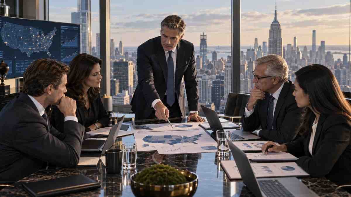 Senior USA Family Office executives and investment professionals reviewing U.S. market data, portfolio allocations and investment opportunities in a premium financial office
