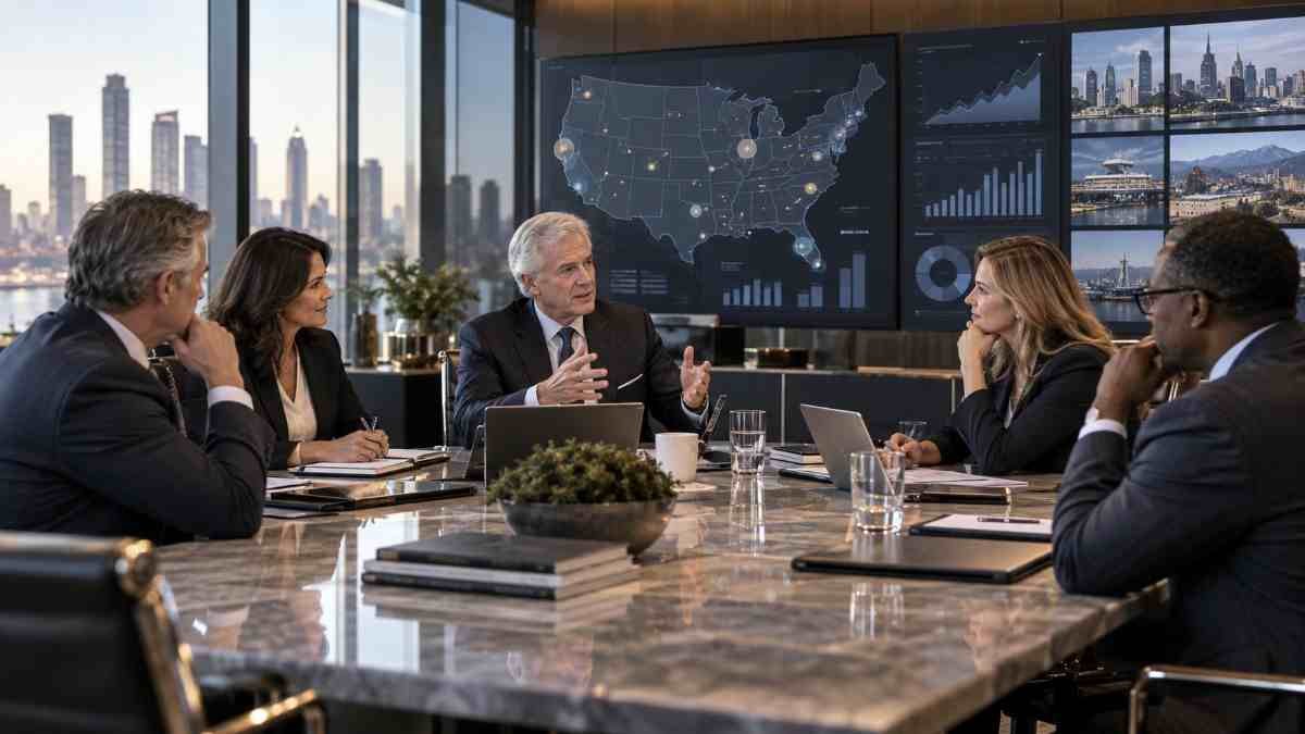 Senior USA Family Office professionals reviewing regional market data, investment opportunities and business strategy in a premium conference room